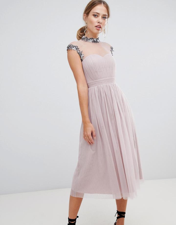 Little Mistress Midi Prom Dress With Embellished Collar And Sleeves - Pink