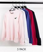 Hollister 5 Pack Exploded Icon Logo Long Sleeve Top In Black/white/blue/pink/red-multi