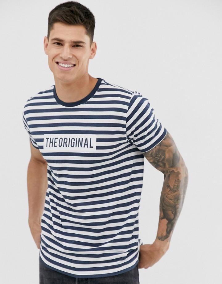Brave Soul Slogan Blue Stripe T-shirt - Multi