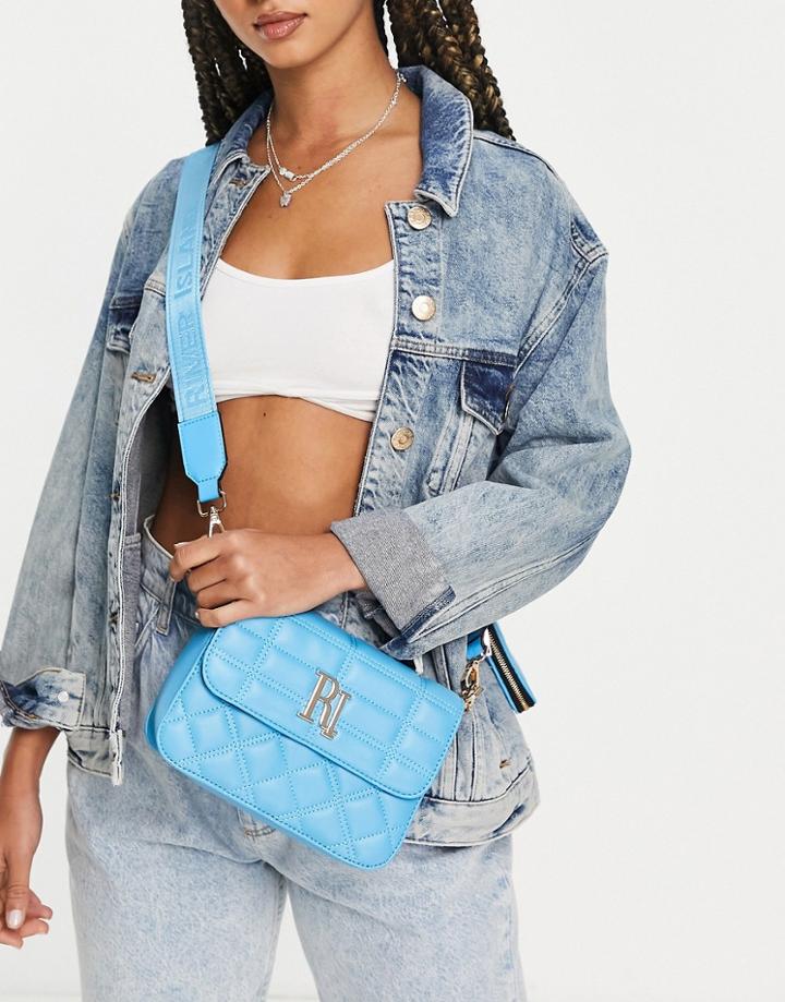 River Island Quilted Double Comp Crossbody Bag In Bright Blue-blues