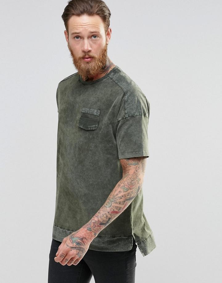 Asos Oversized T-shirt With Military Pocket Detail And Acid Wash - Green