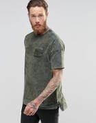 Asos Oversized T-shirt With Military Pocket Detail And Acid Wash - Green