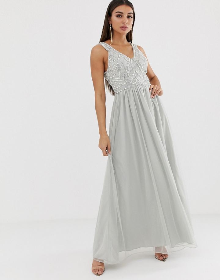 Asos Design Maxi Dress With Tulle Skirt And Embellished And Pearl Bodice - Blue