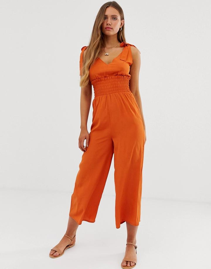 Asos Design Shirred Waist Tie Shoulder Jumpsuit