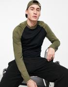 Asos Design Long Sleeve Cotton Blend Raglan T Shirt In Black With Olive Contrast Sleeves