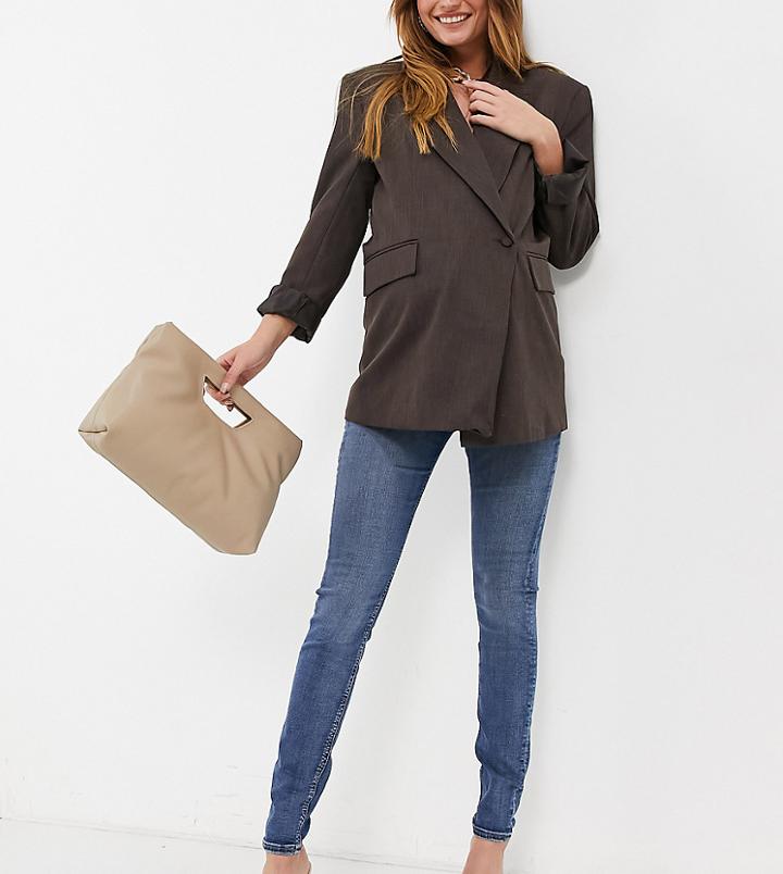 Asos Design Maternity High Rise Ridley 'skinny' Jeans In Authentic Midwash With Under The Bump Waistband-blues