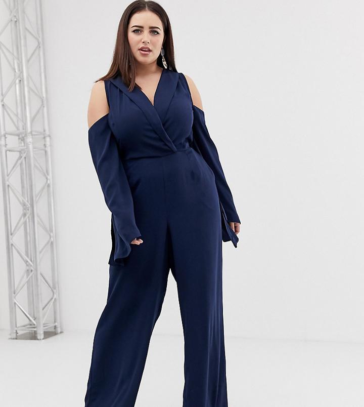 Asos Curve Clean Tux Cold Shoulder Tie Waist Jumpsuit-navy