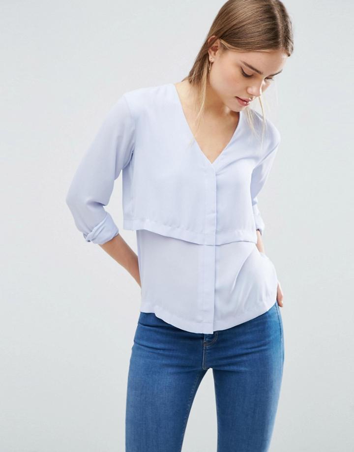 Asos V Neck Collarless Blouse With Double Layer - Blue