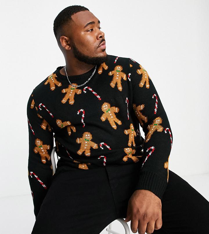 Another Influence Plus Festive Gingerbread Print Sweater In Black