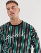 Asos Design Oversized Long Sleeve T-shirt With Vertical Stripe And Untitled Print - Green
