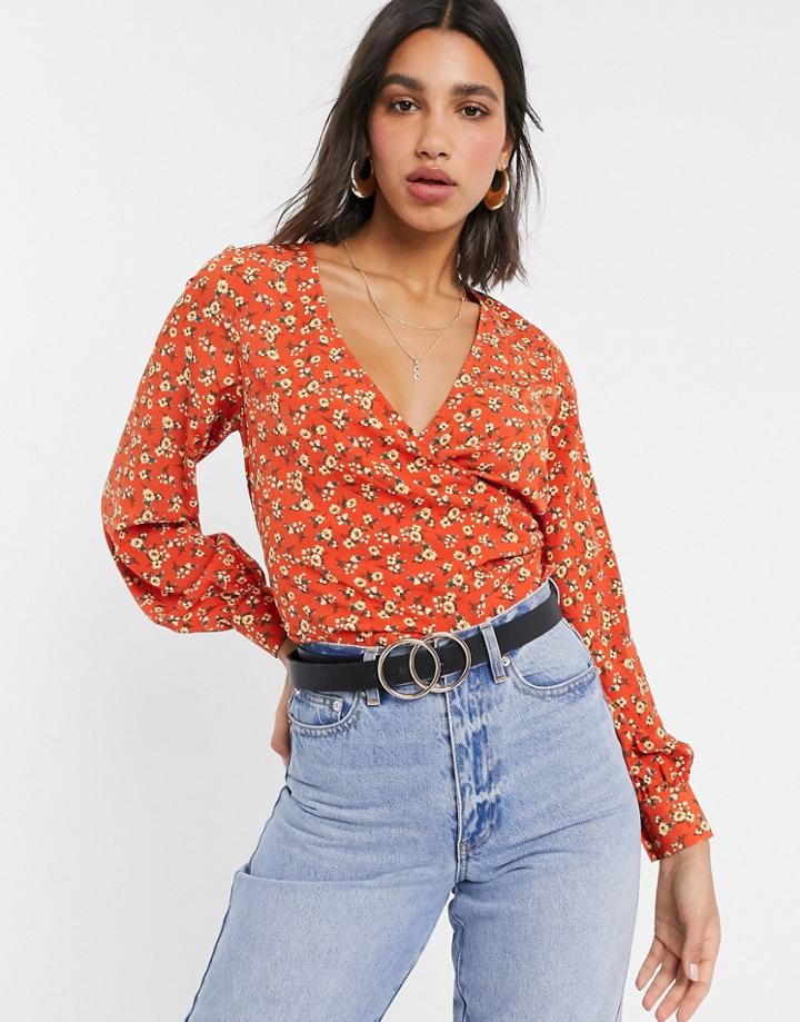 Fashion Union Wrap Top In Ditsy Floral-orange