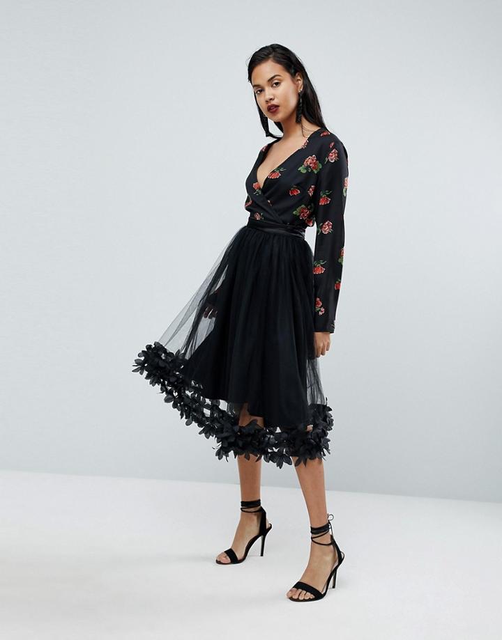 Prettylittlething 3d Floral Tulle Midi Skirt - Black