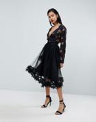 Prettylittlething 3d Floral Tulle Midi Skirt - Black