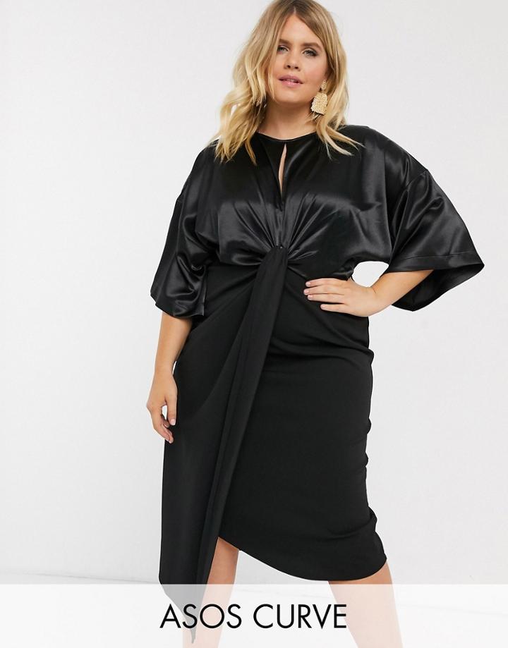 Asos Design Curve Satin Mix Twist Front Midi Dress-black