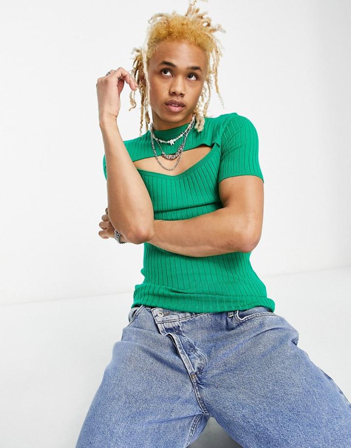 Asos Design Knitted T-shirt With Cut Out Chest Detail In Green