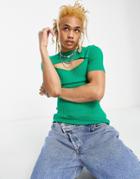Asos Design Knitted T-shirt With Cut Out Chest Detail In Green