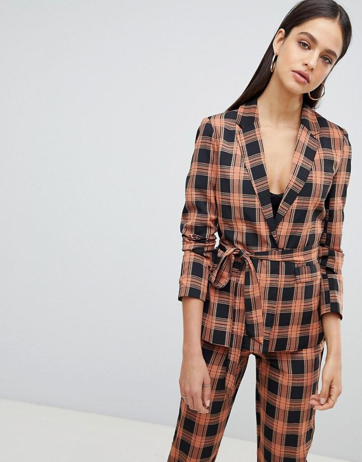 Fashion Union Tie Waist Check Blazer Two-piece - Pink
