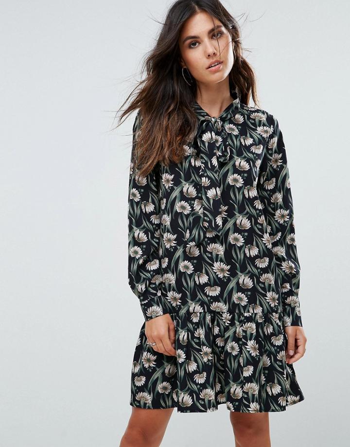 Liquorish Floral Mini Dress With Flounce - Black