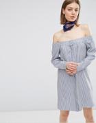 Asos Off Shoulder Cotton Mix Shirt Dress In Stripe - Multi
