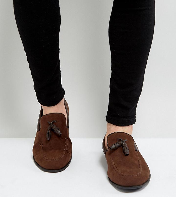 Asos Wide Fit Loafers In Brown Faux Suede With Tassel - Brown