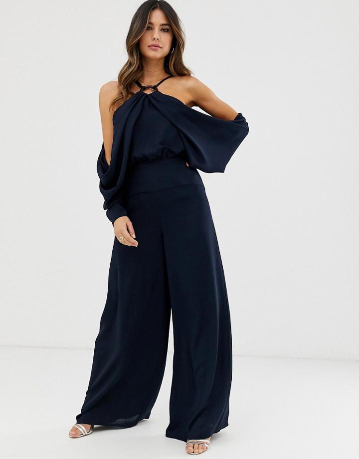 Asos Edition Drape Sleeve Jumpsuit With Ring Detail-navy