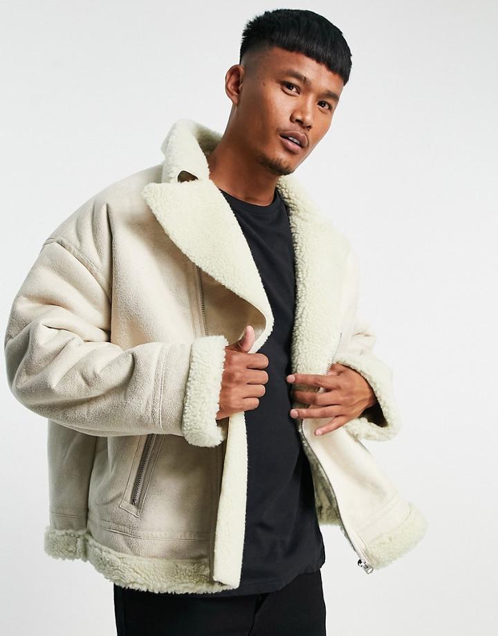 Asos Design Oversized Moto Jacket With Sherpa Lining In Stone-blonde
