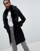 New Look Faux Fur Trim Coat - Black