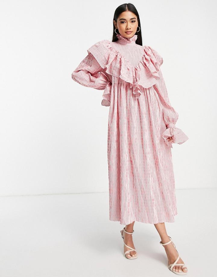 Asos Edition Ruffle Smock Midi Shirt Dress In Stripe-multi