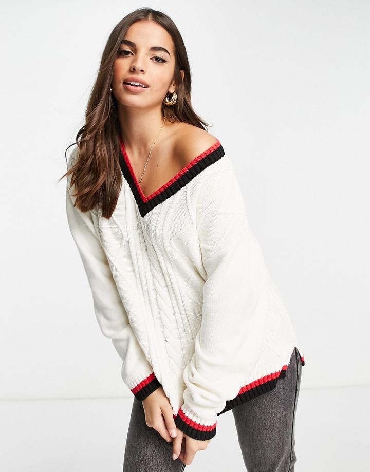 Monki Organic Cotton Cable Knit Sweater With Tipping In Off White