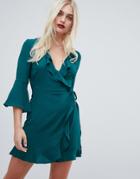 Outrageous Fortune Ruffle Wrap Dress With Fluted Sleeve In Green