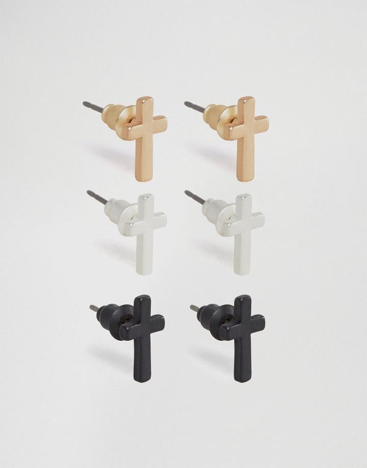 Chained & Able Matt Cross Stud Earrings In 3 Pack - Multi