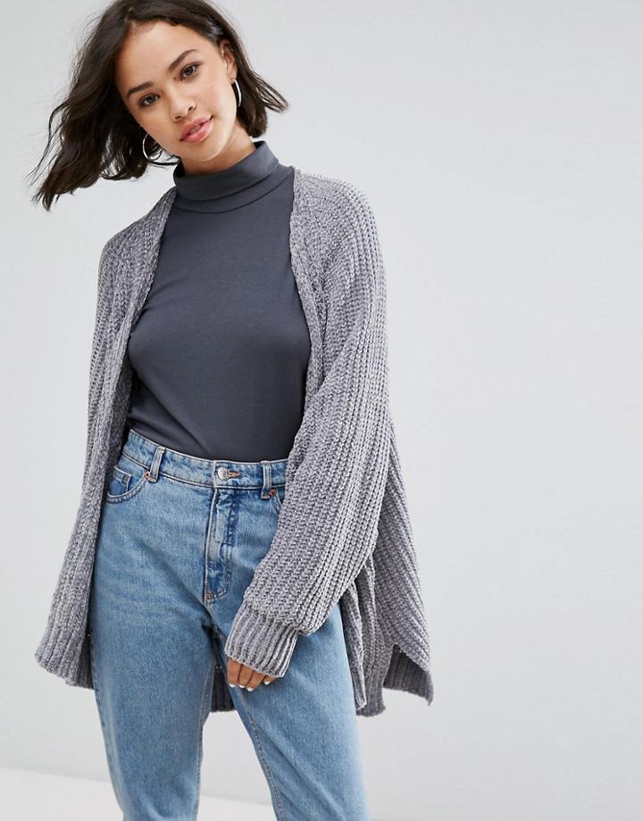 Pull & Bear Chenille Pocket Detail Cardigan - Gray
