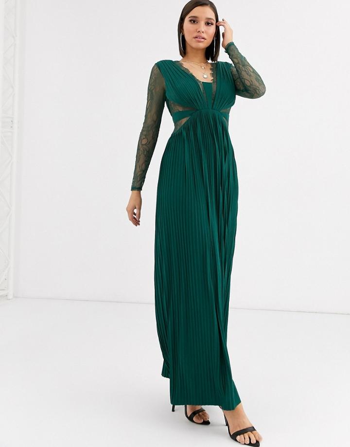 Asos Design Lace And Pleat Long Sleeve Maxi Dress