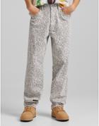 Bershka 90s Baggy Jeans In Beige Leopard Print-neutral