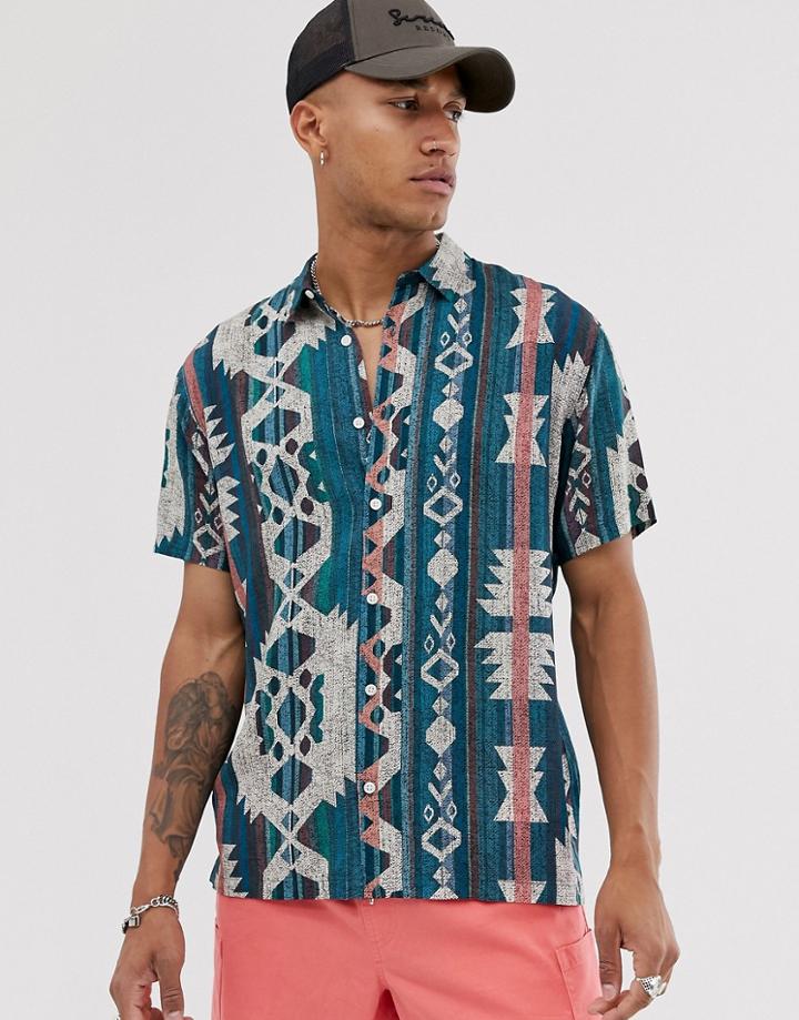 Bershka Short Sleeved Shirt With Geo-tribal Print In Green - Multi