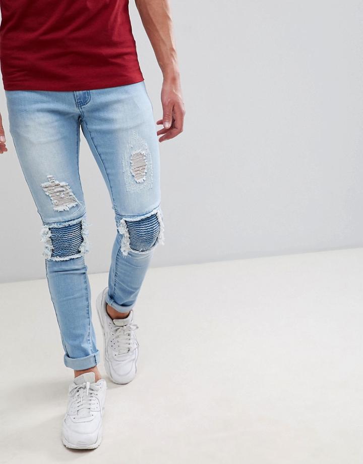 Liquor N Poker Ripped Open Biker Super Skinny Jeans - Blue