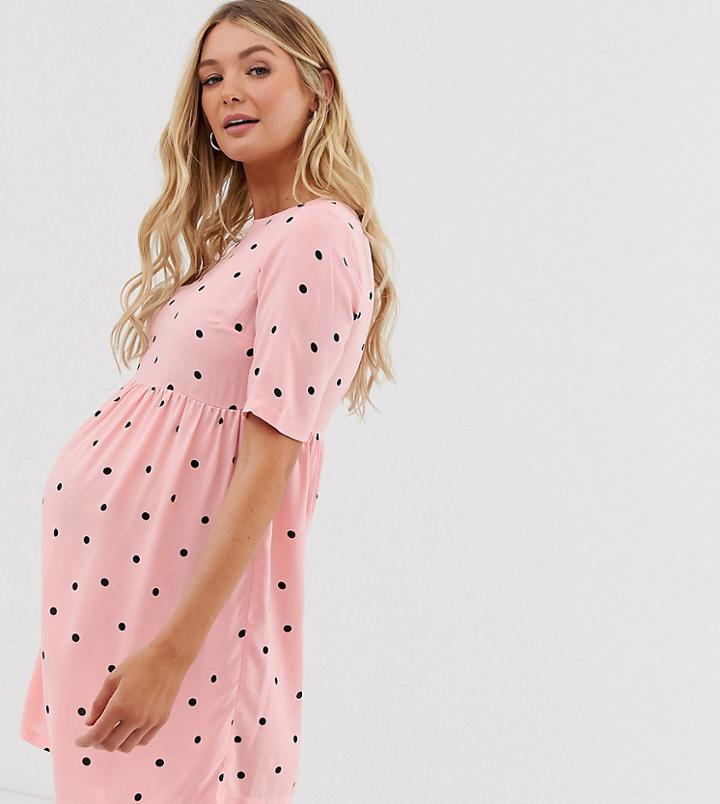 Asos Design Maternity Smock Mini Dress In Polka Dot-multi