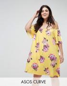 Asos Curve Off Shoulder Mini Dress In Yellow Floral - Multi