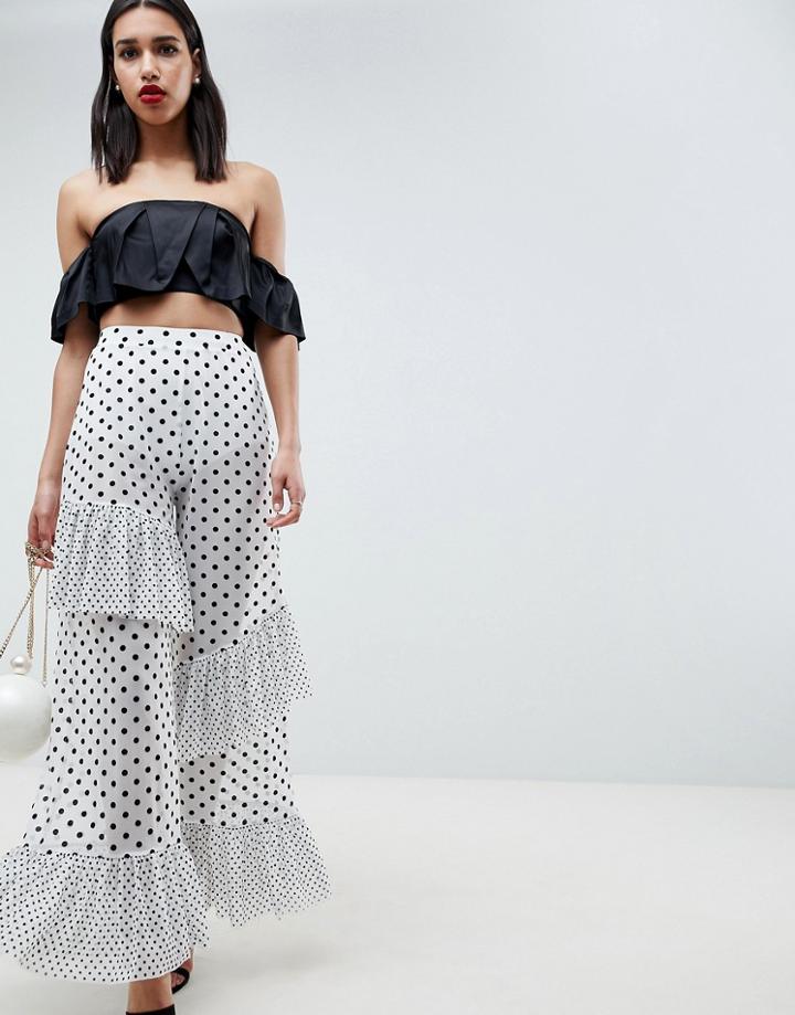 Asos Design Pants In Polka Dot Spot Mesh With Frill Detail - White