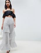 Asos Design Pants In Polka Dot Spot Mesh With Frill Detail - White
