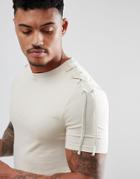 Asos Design Muscle Longline T-shirt With Curved Hem And Lace Up Shoulder In Beige - Beige