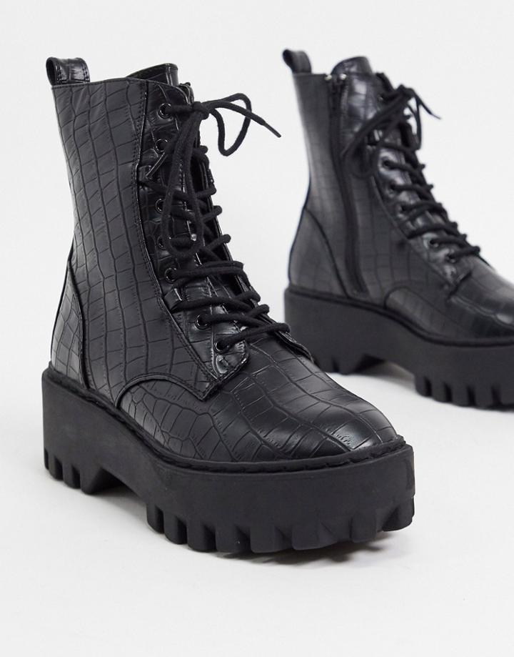 Truffle Collection Chunky Lace Up Boots In Black