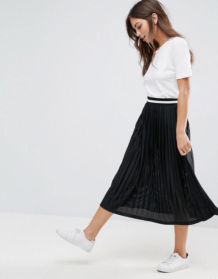 Asos Perforated Pleated Midi Skirt With Sports Tipped Waistband - Black