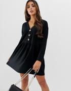 Asos Design Faux Horn Button V Neck Mini Smock Dress-black