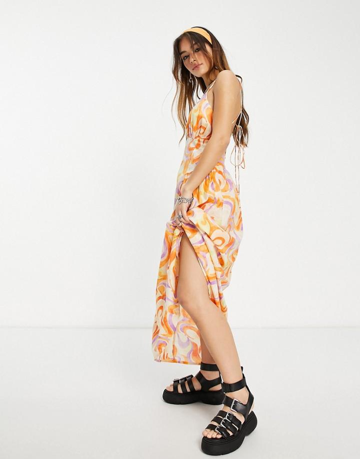 Asos Design Strappy Back Gathered Waist Maxi Sundress In Swirl Print-multi