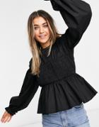 Asos Design Long Sleeve Cotton Top With Shirred Panel In Black