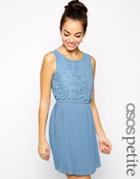 Asos Petite Exclusive Skater Dress With Pleated Skirt And Lace Top - Blue