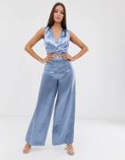 The Girlcode Satin Wide Leg Pants In Blue - Blue