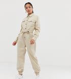 Missguided Petite Utility Long Sleeve Belted Jumpsuit In Beige - Beige