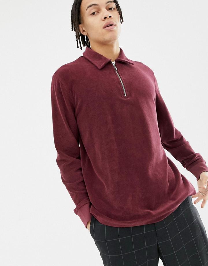 Weekday Timo Velour Sweatshirt With Half Zip In Black - Red